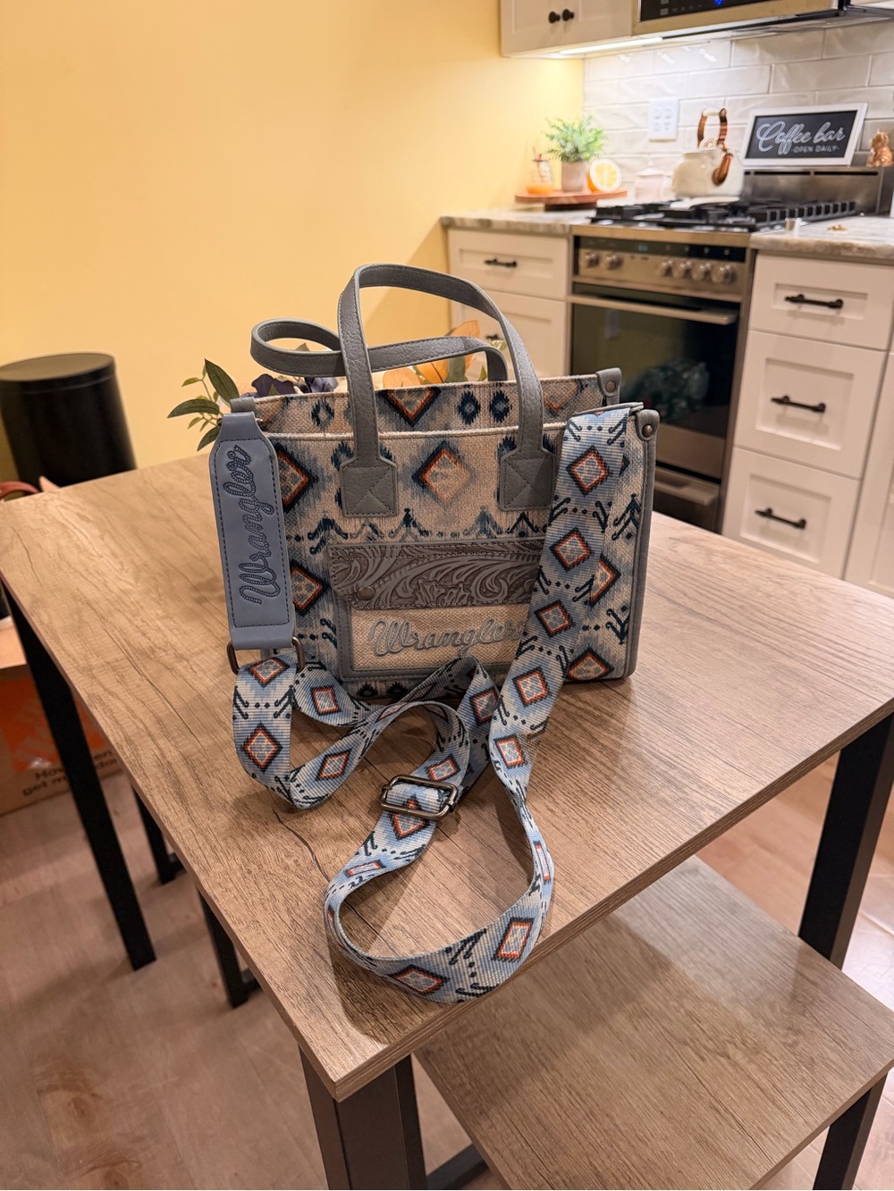 Wrangler Light Blue Aztec Crossbody Tote with Detachable Strap